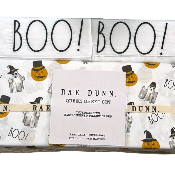 Rae Dunn Queen Sheet Set BOO Halloween Ghost Pumpkins Goth Witchy Decor NEW 2024 - Picture 1 of 8